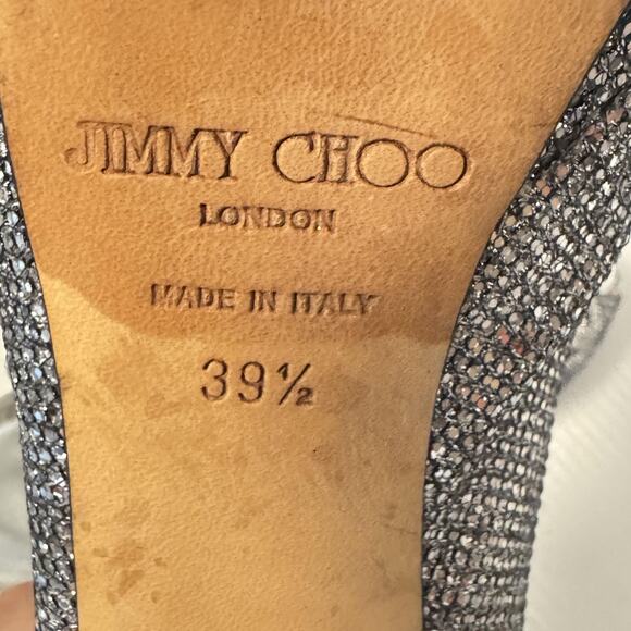 Jimmy Choo Shoes Womens 9.5 Silver Peep Toe Slingback Glitter Crystal Bow Heels - Picture 12 of 13